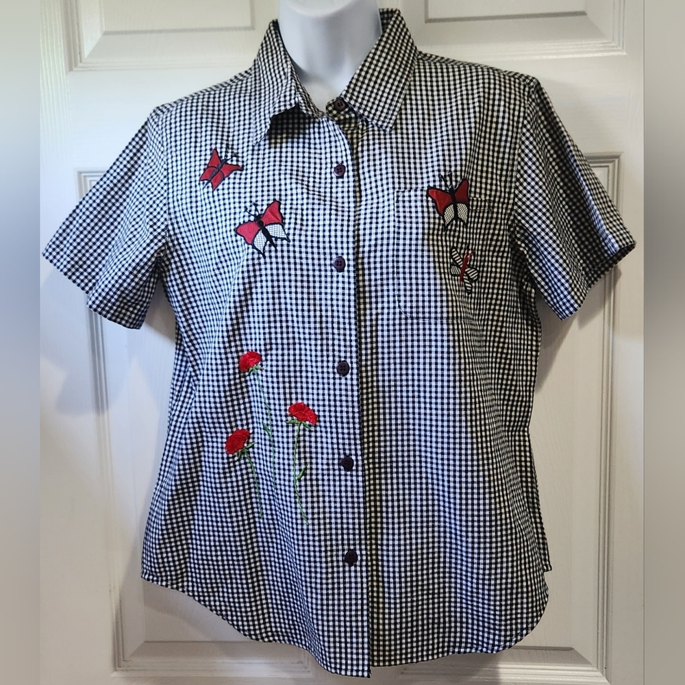 Lemon Grass black gingham butterfly button down shirt women's Small